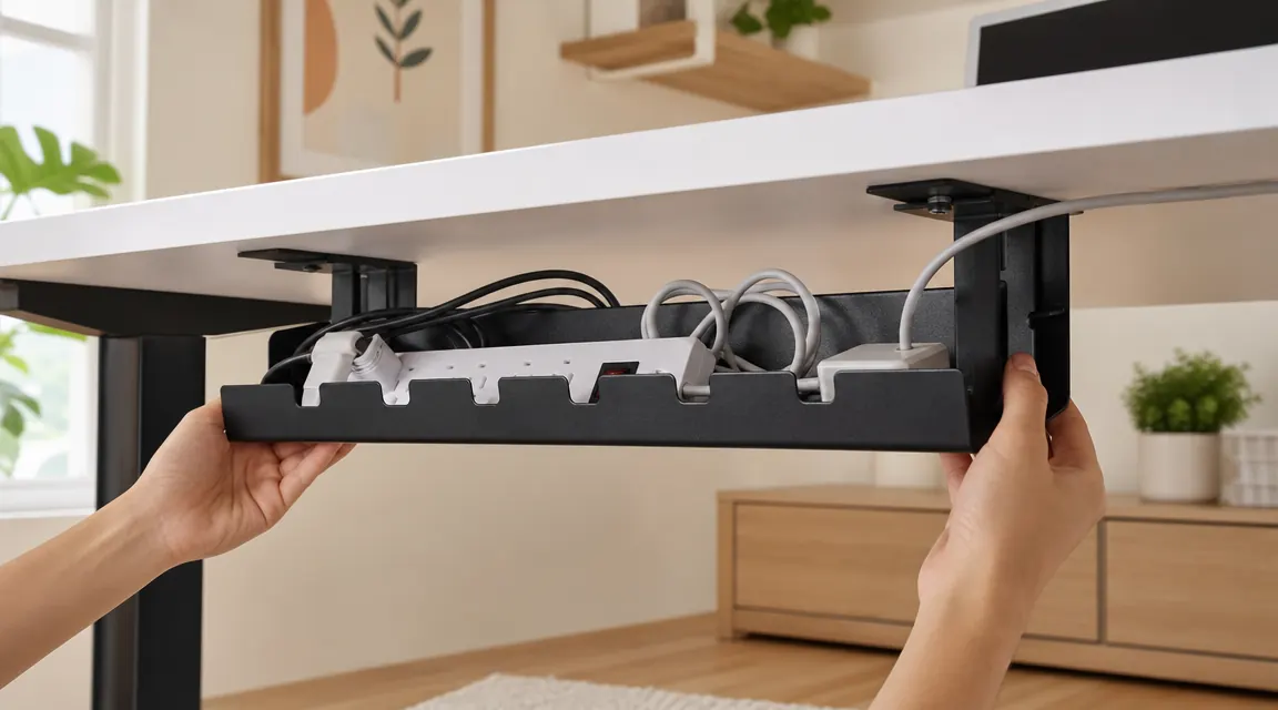 Under-desk cable management tray mounted beneath a standing desk holding a power strip and bundled cables