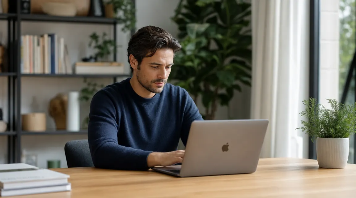 Person working comfortably at a clean desk with focused expression, no clutter visible