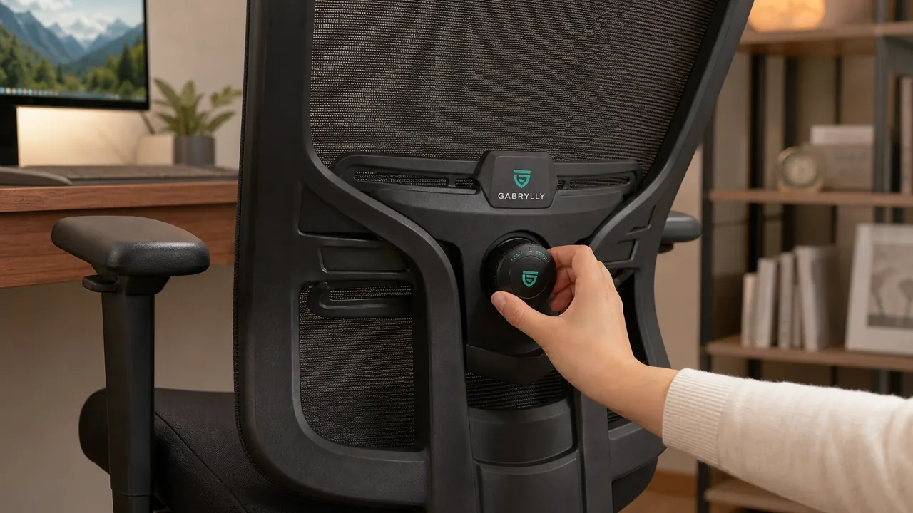 Close-up of an ergonomic chair's adjustable lumbar support knob being turned by a hand