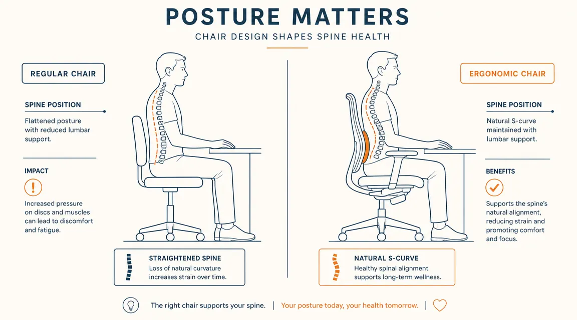 Side-by-side diagram showing spine alignment in a flat office chair versus an ergonomic chair with lumbar support
