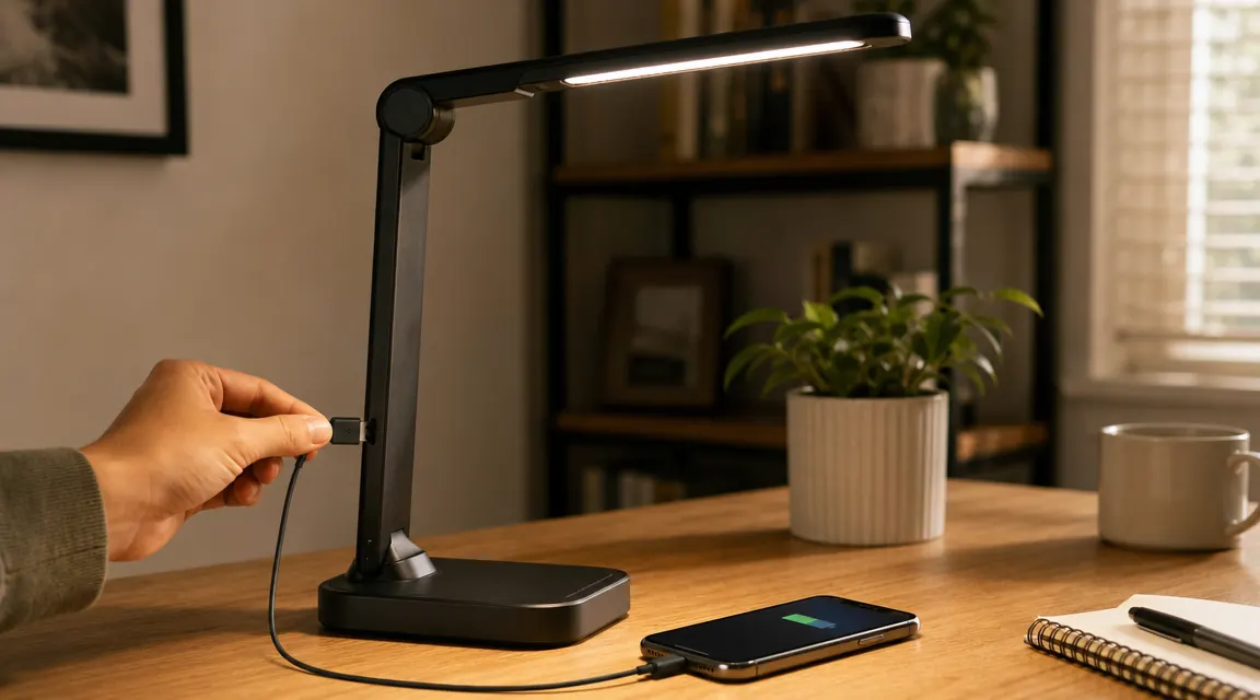 USB charging cable plugged into the side port of an LED desk lamp on a home office desk