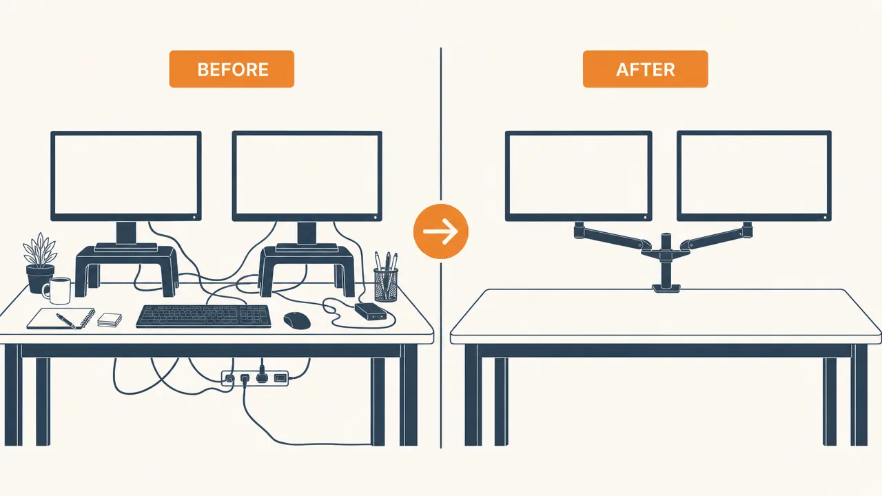 Before and after diagram showing desk space freed up when two bulky monitor stands are replaced by a single dual arm mount