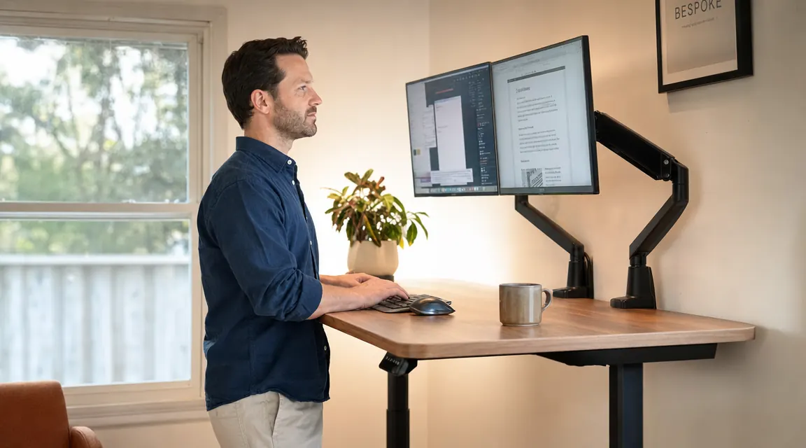 Home office desk with a sit-stand setup showing dual monitors on an arm raised to standing height