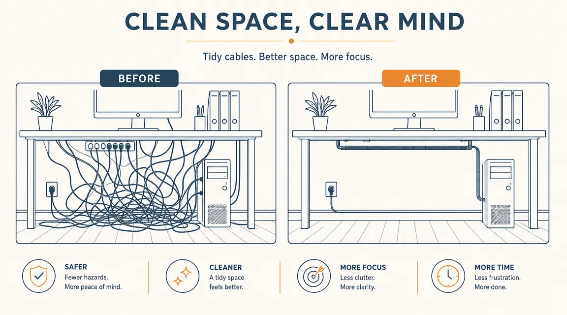 Before and after split image showing a tangled cable nest on the floor versus a clean desk with no visible wires