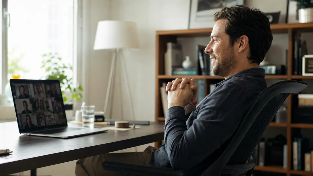 Home office worker leaning back in mesh ergonomic chair on a video call, relaxed posture