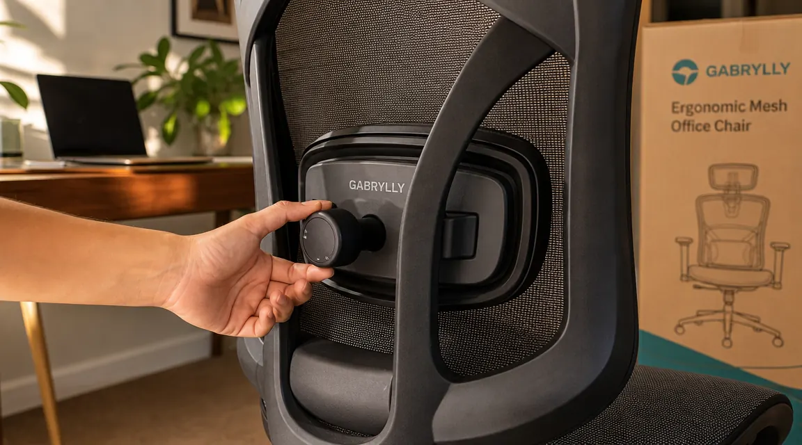 Ergonomic chair lumbar support knob being adjusted with two fingers