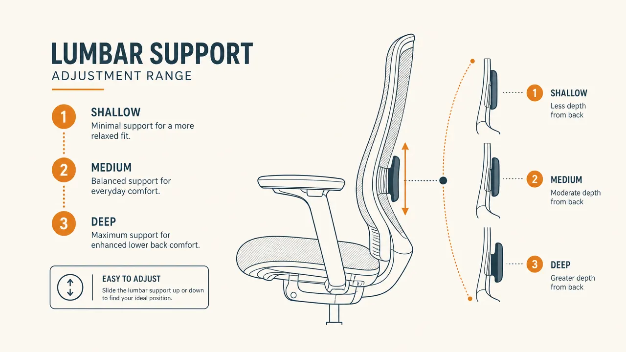 Diagram showing lumbar support depth adjustment positions from minimal to maximum