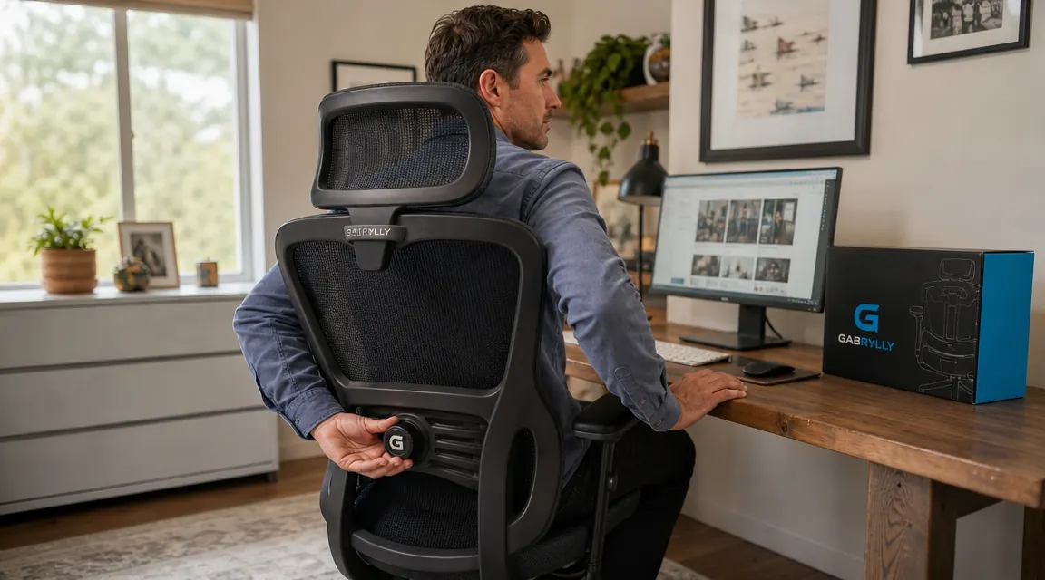 Person sitting in the GABRYLLY ergonomic chair adjusting the lumbar support knob