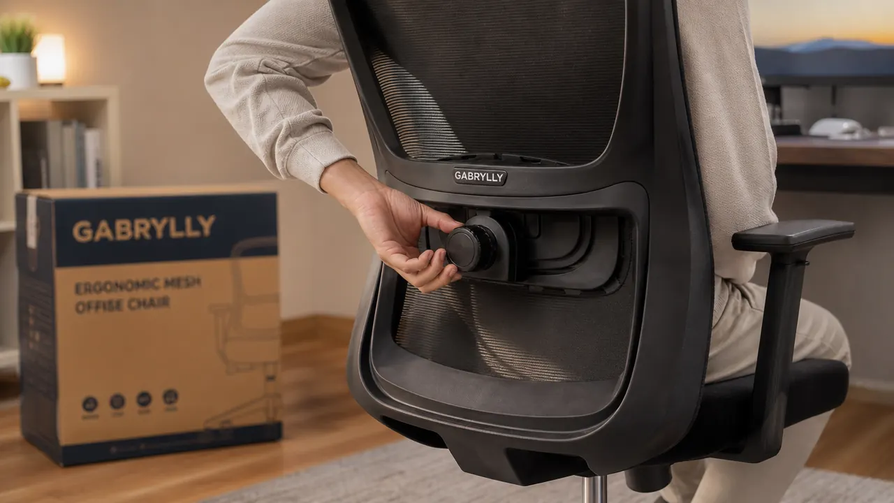 Close-up of the GABRYLLY chair's lumbar support knob being adjusted by a person's hand