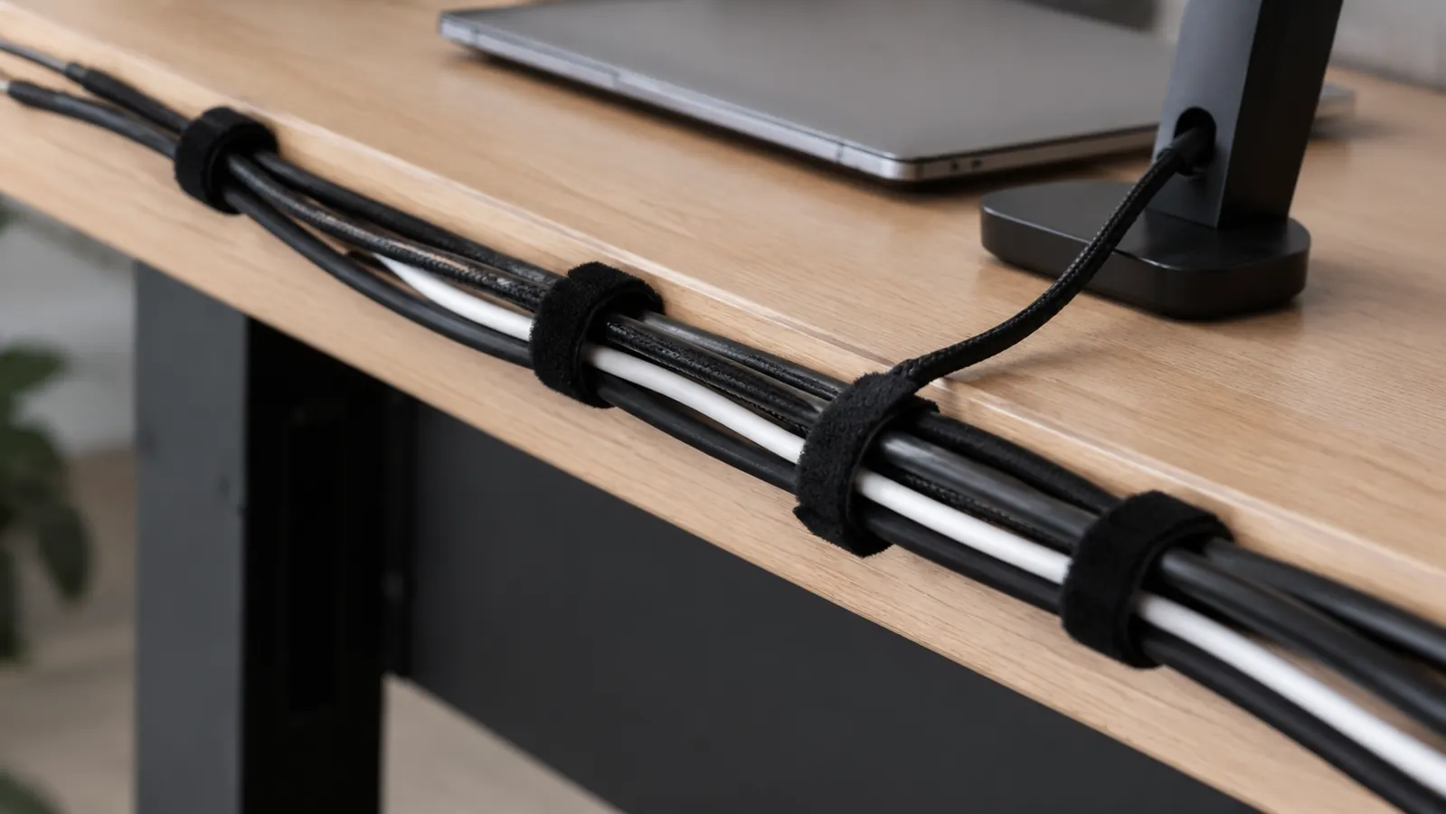 Labeled cable ties on four bundled cables running along the back of a desk