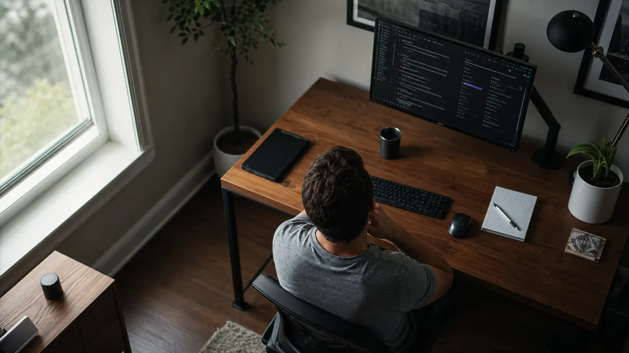 Top-down view of a desk showing the monitor positioned perpendicular to a window to block direct sunlight