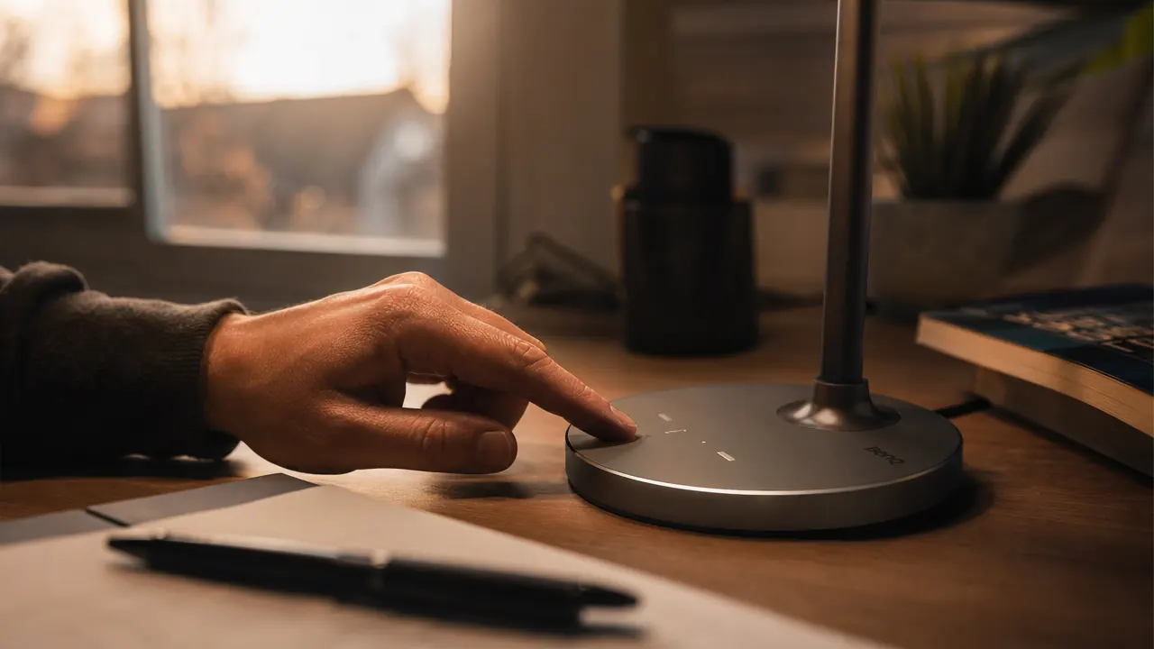 Person adjusting brightness on a touch-control desk lamp during an evening work session