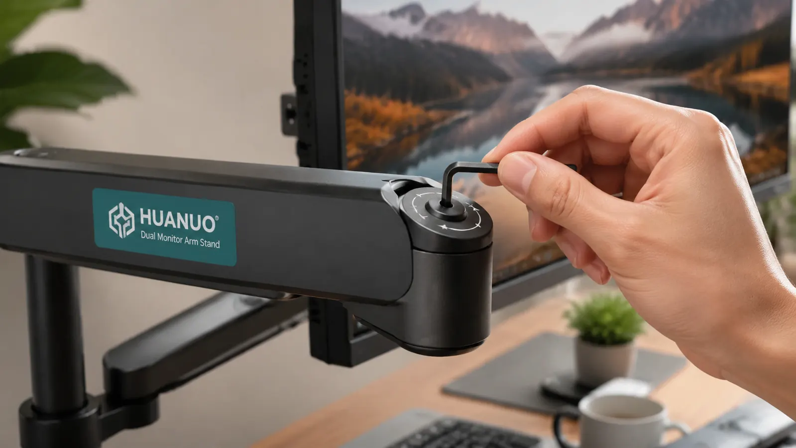 Hand using a hex key to adjust the tension screw at the pivot joint of a monitor arm, screen visible in background