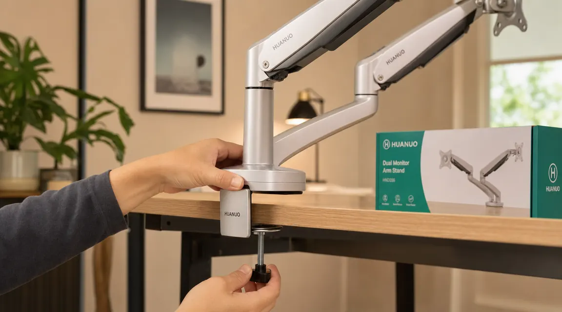 Hands tightening the C-clamp base of the HUANUO dual monitor arm onto the edge of a wooden desk