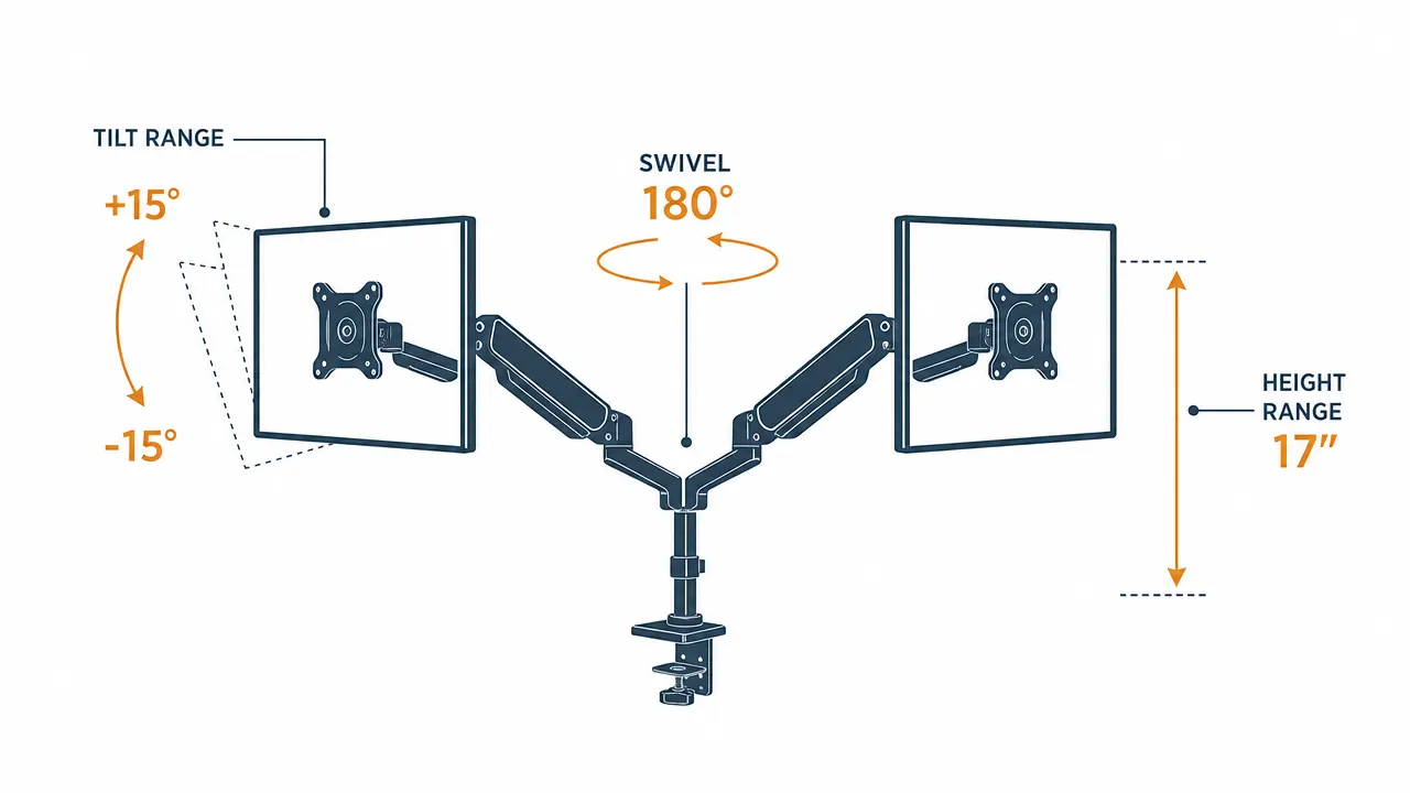 Diagram showing the HUANUO arm tilted at several angles with arrows indicating tilt, swivel, and height adjustment range
