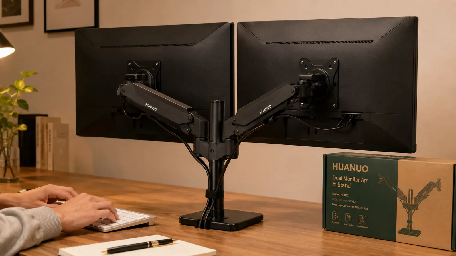 View from behind two monitors mounted on the HUANUO arm showing cables routed through the arm channels and tidied with velcro straps