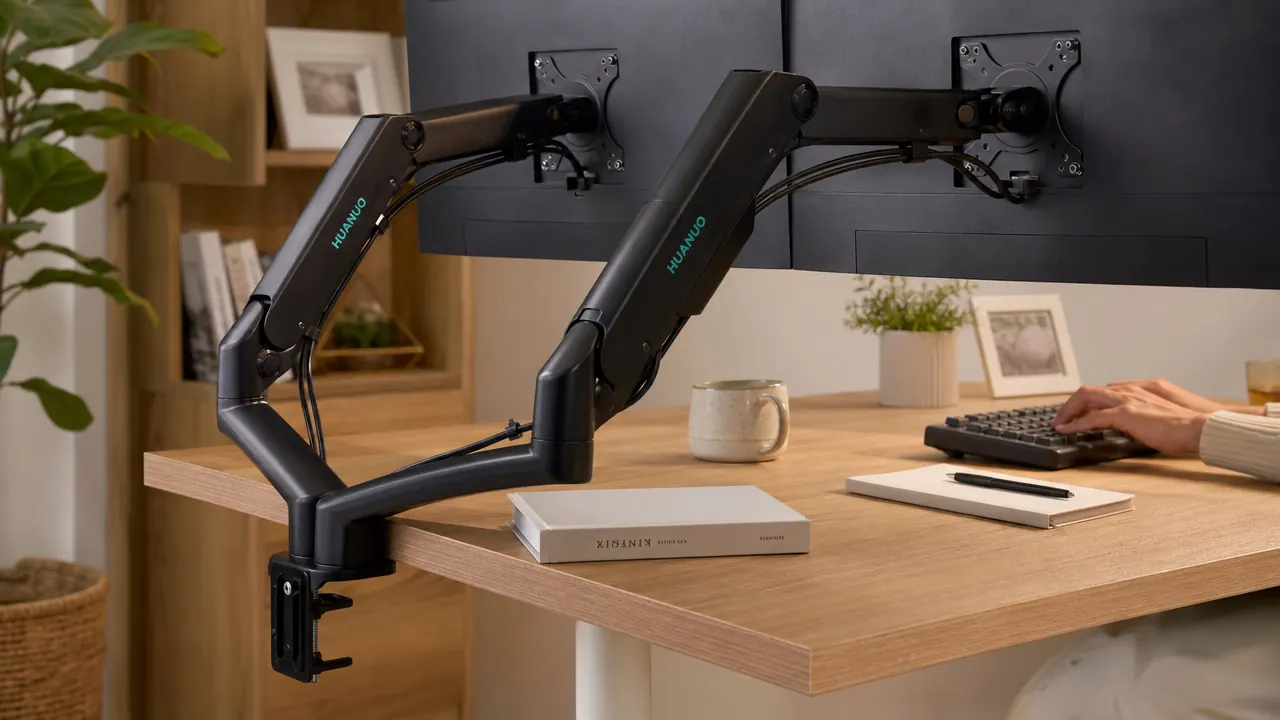 Close-up of the HUANUO dual monitor arm C-clamp attached to the back edge of a wooden desk