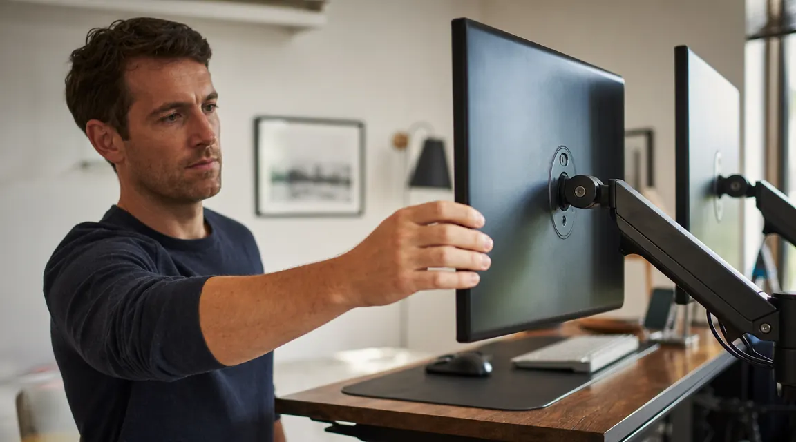 Person at a sit-stand desk adjusting the height of a dual monitor arm during a workday