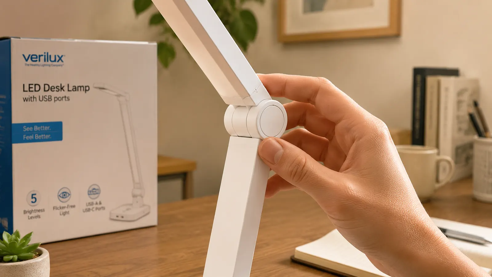 Desk lamp arm joint showing plastic construction at the flex point with slight downward drift visible