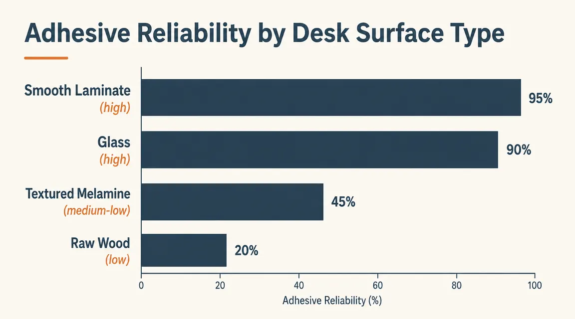Chart showing cable tray adhesive success rate by desk surface type, comparing smooth laminate, textured melamine, raw wood, and glass