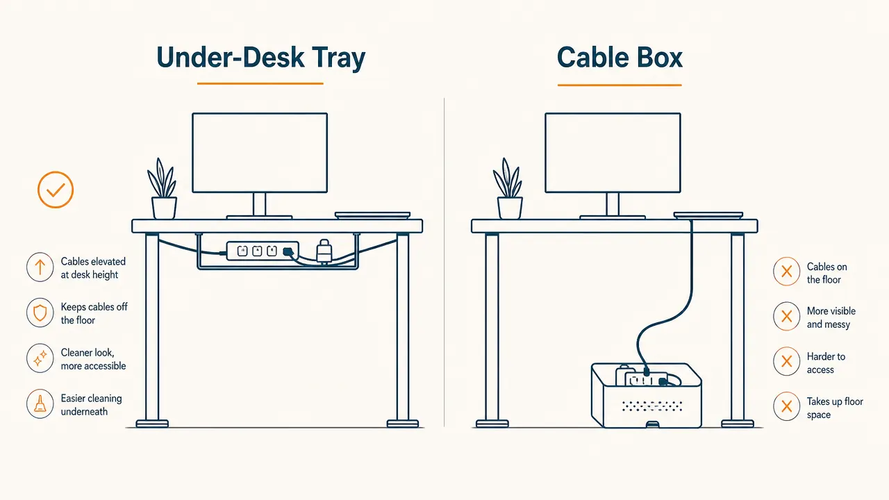 Side-by-side comparison chart showing under-desk tray mounted high vs cable box sitting on floor