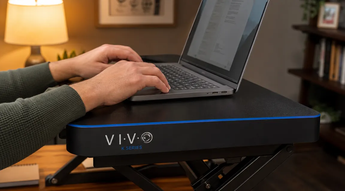 Close-up of hands using a laptop on a VIVO standing desk converter surface at standing height