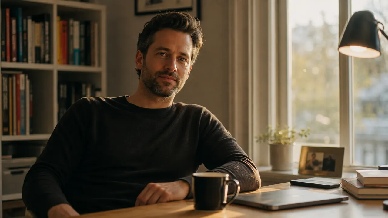 Person sitting back down at a desk converter lowered to sitting height, relaxed end-of-day pose
