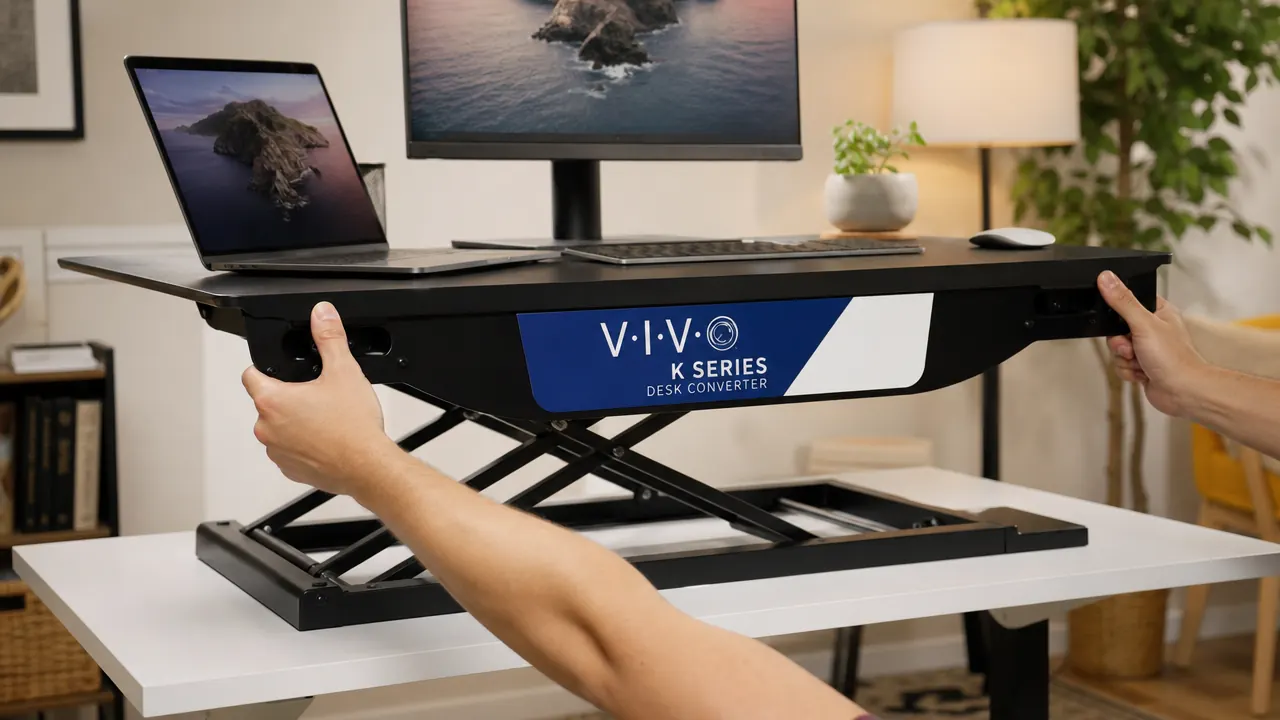Close view of the VIVO K Series converter lift handles being raised by a person's hands, showing the gas-spring mechanism in action