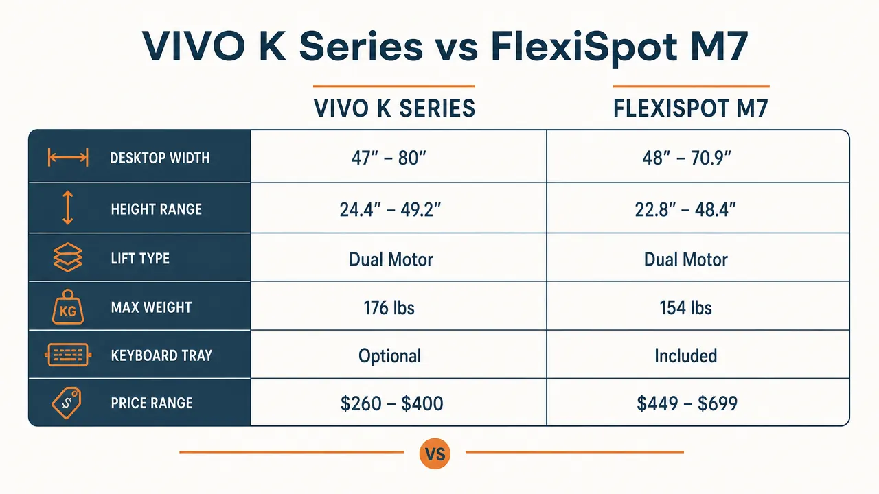 Side-by-side spec comparison chart showing VIVO K Series versus FlexiSpot M7 across desktop width, height range, keyboard tray, and price