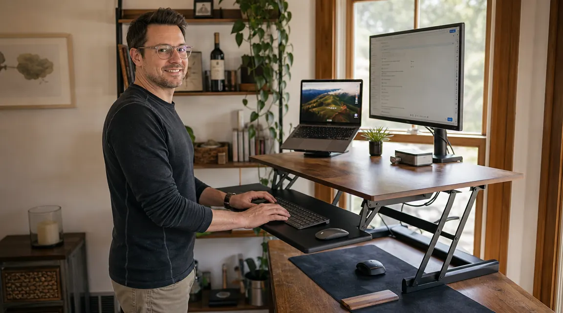 Person standing at a converter with a keyboard on the lower tray, showing the gap between the tray and a large mousepad that does not fit